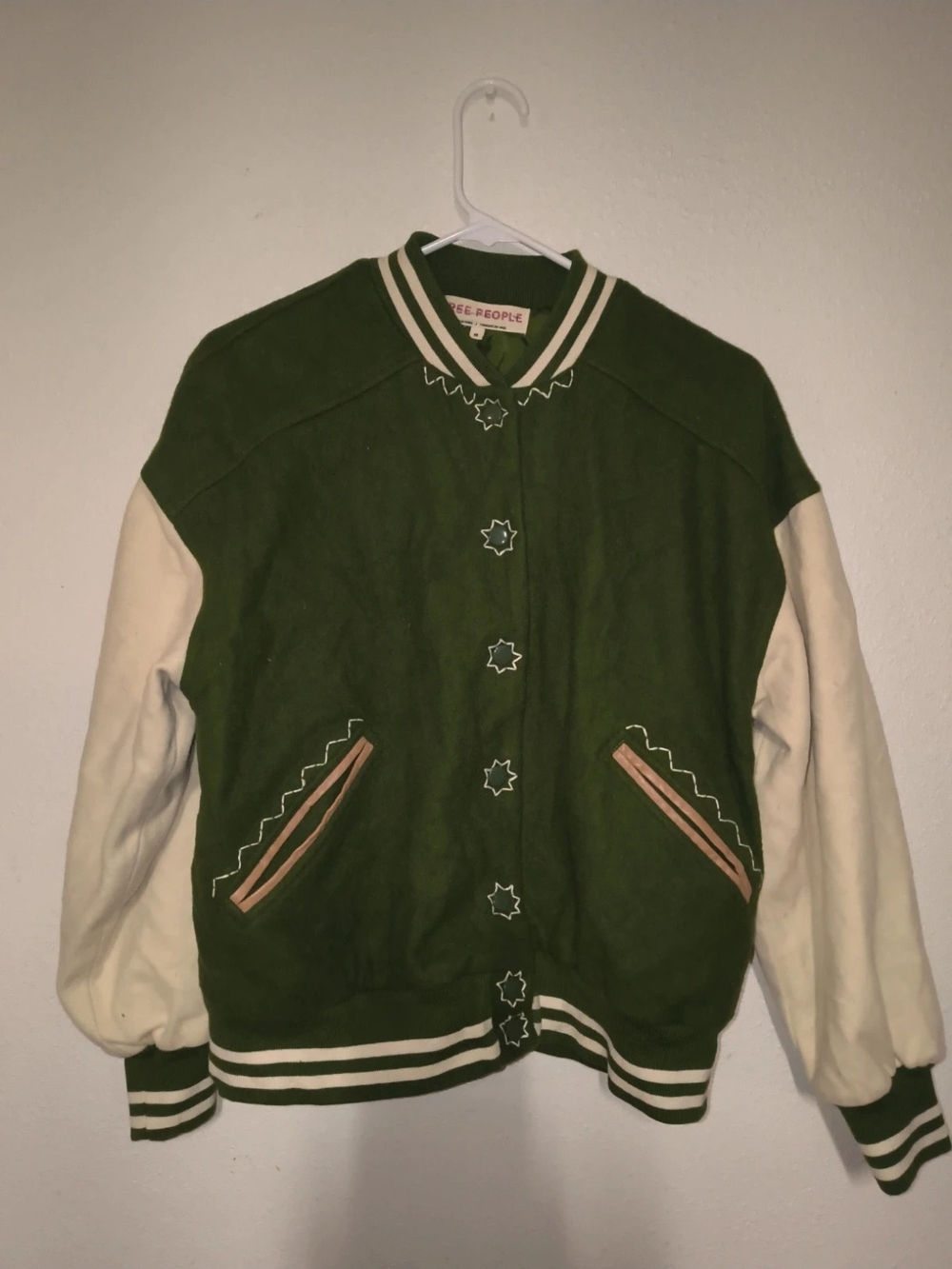 Free People Green & Cream Varsity-Style Wool Jacket